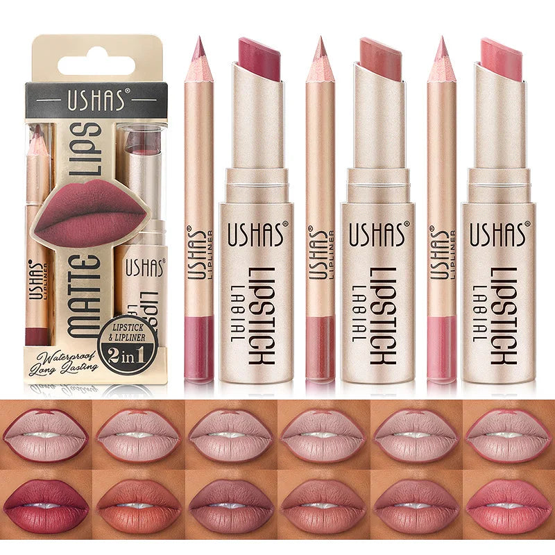 12-Color Lip Liner & Matte Lipstick Set – Long-Lasting Nude & Red Lip Makeup