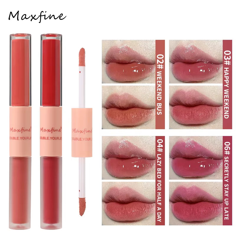 MAXFINE Double-Ended Lip Glaze — Glossy & Velvet Matte, Long-Wear, Non-Sticky