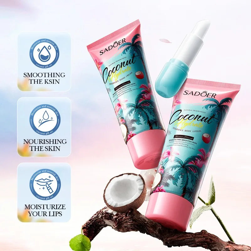 Luxury Coconut Skincare Gift Set – Moisturizing Hand Cream, Body Lotion & Lip Balm