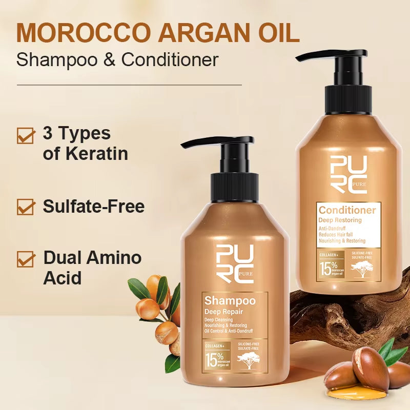 Morocco Argan Oil Shampoo Conditioner Set Amino Acid Keratin Smoothing Repair Damaged Hair Treatment Sulfate-Free Hair Care