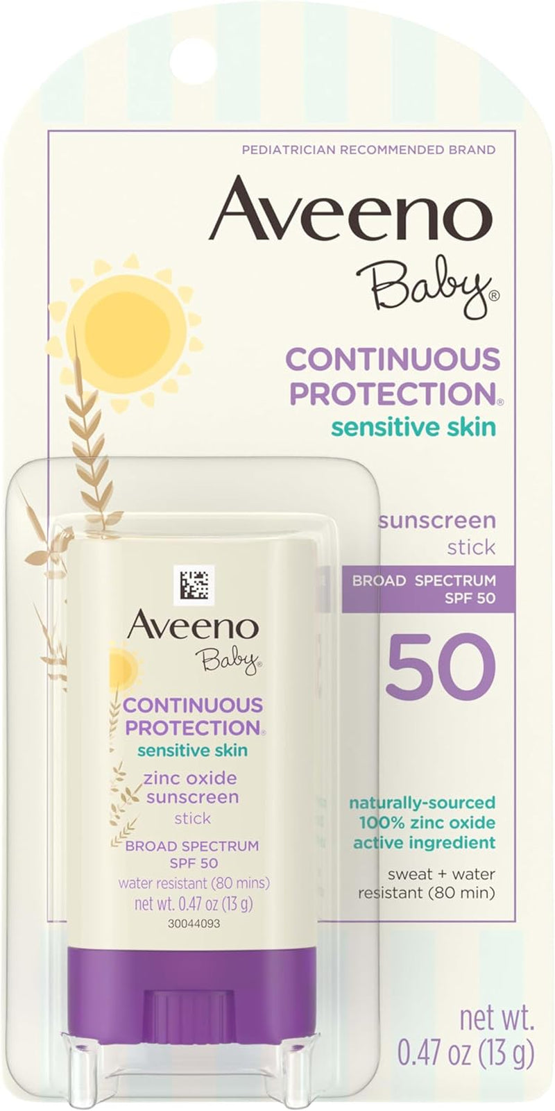 Continuous Protection Mineral Sunscreen Stick for Sensitive Skin with Broad Spectrum SPF 50 Protection for Face & Body, Naturally Sourced 100% Zinc Oxide, Travel Size, 0.47 Oz
