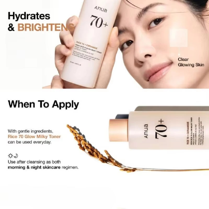 Anua Rice 70 Glowing Milky Toner — Brightening, Hydrating Milky Toner 250ml — rice-extract milky toner for brightening, hydrating & soothing | Toners | Beauty & Health,Face Care,Skin Care | Dolcie Care