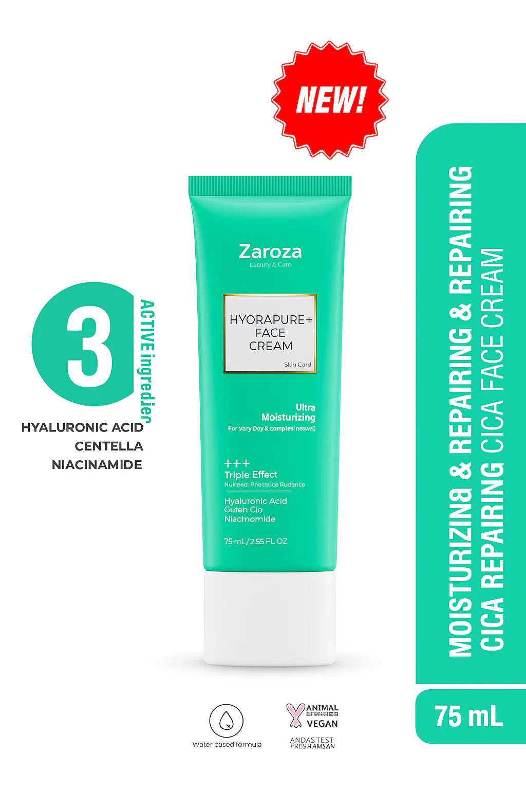 Hydrapure plus 3 Action Intensive Moisturizing Face Cream Repairing Brightening Centella Hyaluronic Acid 75 Ml