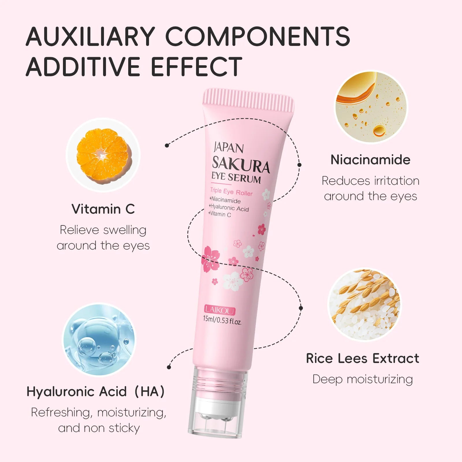 LAIKOU Sakura Eye Serum Roller — Hydrating, Brightening & Firming 15 ml — sakura eye serum roller for hydrating, brightening, firming & dark circle care | Eye Creams | Beauty & Health,Eyes Care,Skin Care | Dolcie Care