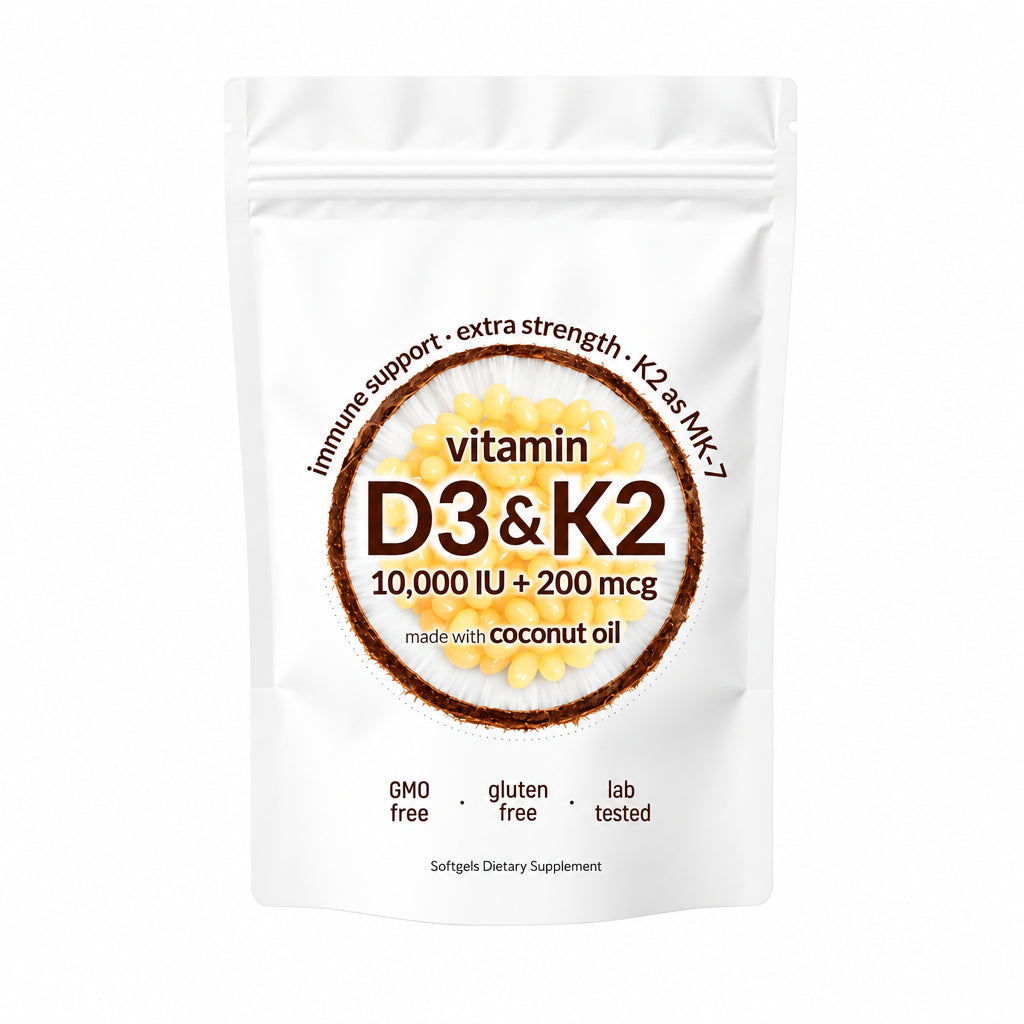 Vitamin D3 10,000 IU + K2 MK-7 200 mcg Softgels with Coconut Oil – Vitamin D & K Supplement