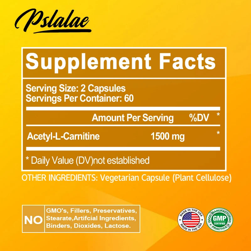 PSLALAE Acetyl L-Carnitine 1500mg Capsules – Daily Energy, Brain & Metabolism Support Supplement