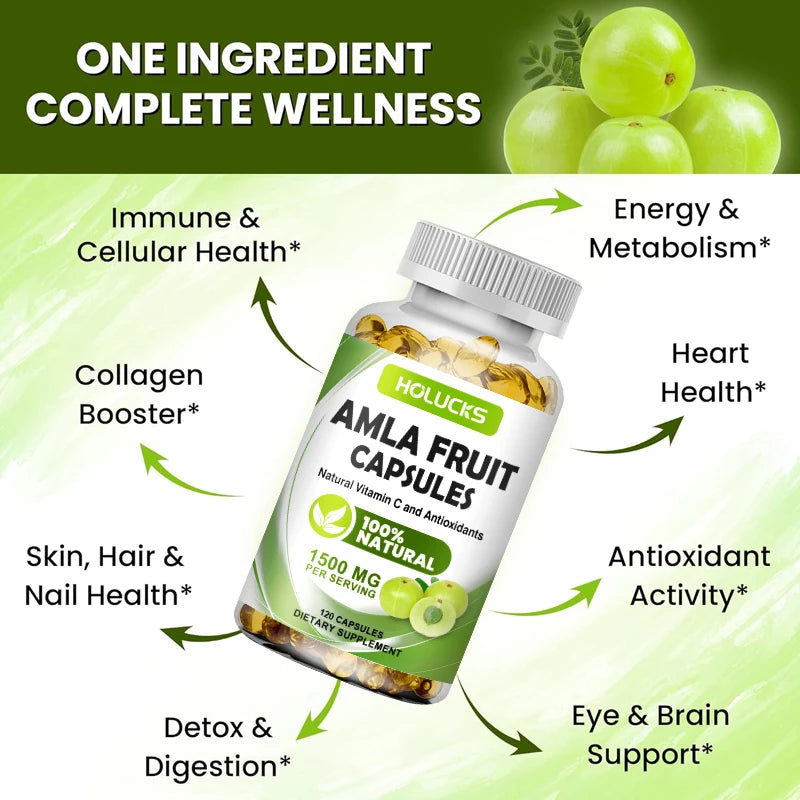 HOLUCKS Organic Amla Fruit 1500mg Capsules – Daily Vitamin C Supplement for Immune, Skin & Hair Support