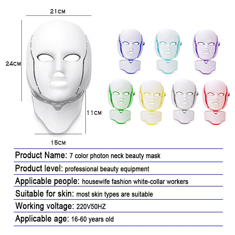 7-Color LED Face & Neck Therapy Mask – 192 LEDs, Facial Skincare Device