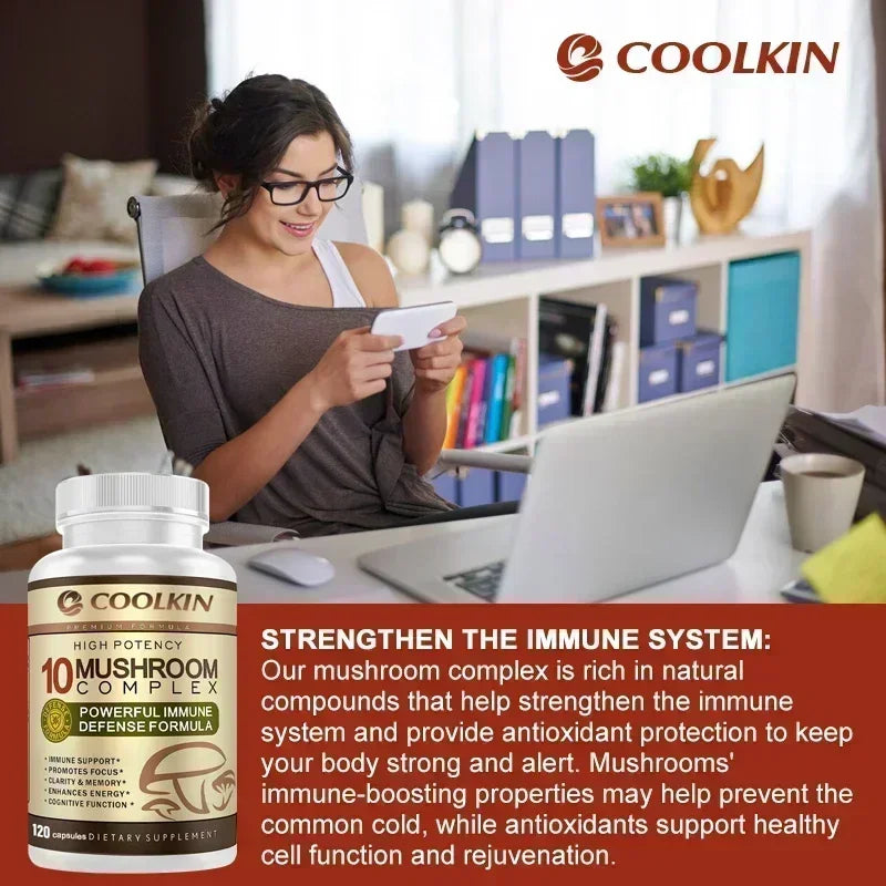 Coolkin 10-in-1 Mushroom Complex Capsules – Lion's Mane, Reishi & Adaptogenic Mushroom Blend for Brain, Memory & Immune Support