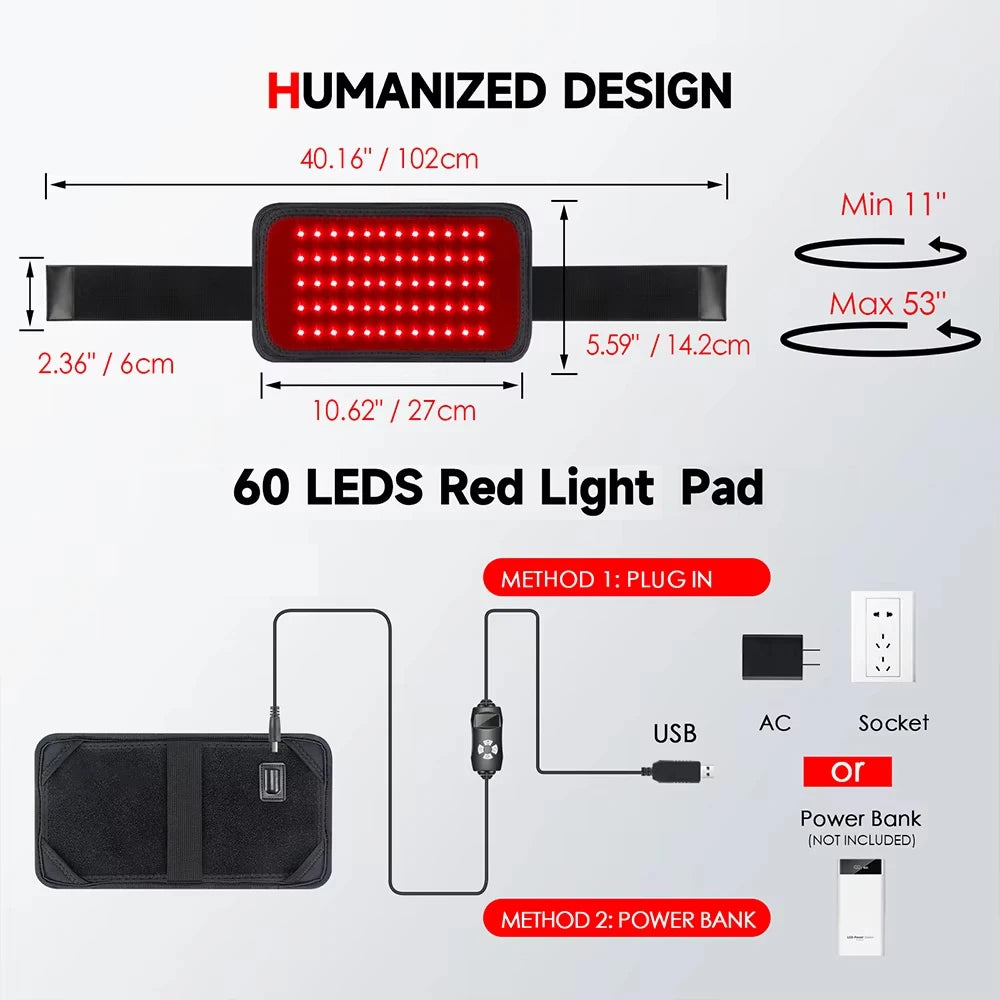 Red & Near-Infrared LED Light Therapy Belt – 660nm & 850nm Waist Wrap, 60 LEDs