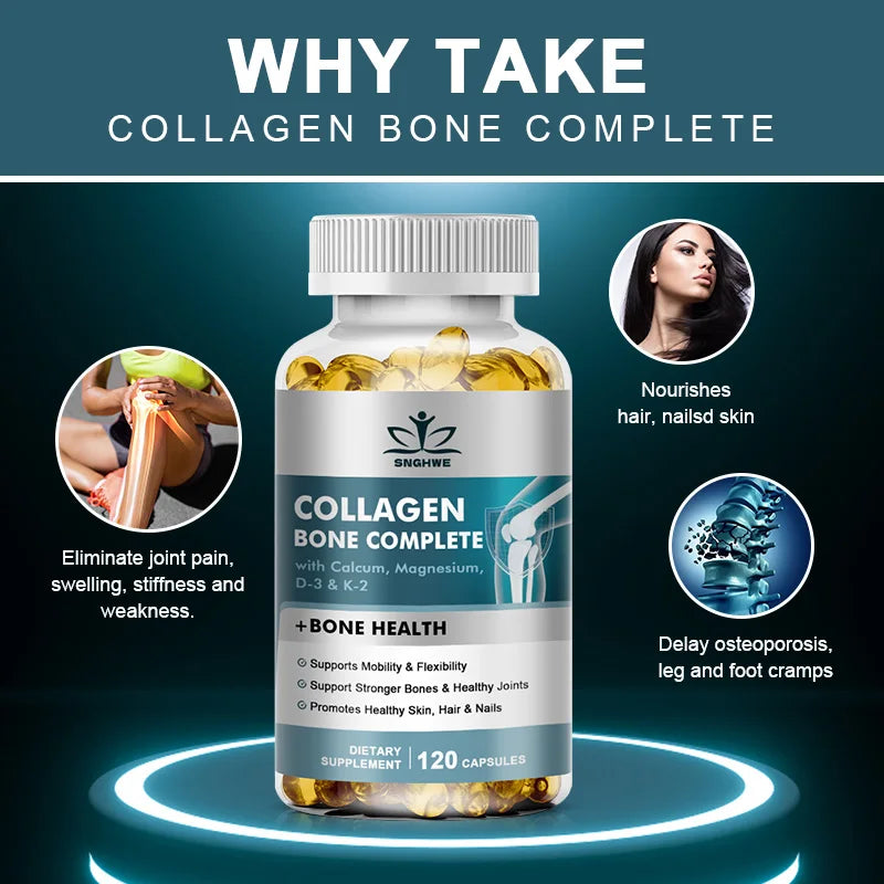 Collagen Bone Complete Capsules with Type I & III Collagen, Calcium, Vitamin D3 & K2 – Bone, Joint, Hair, Skin & Nail Support Supplement