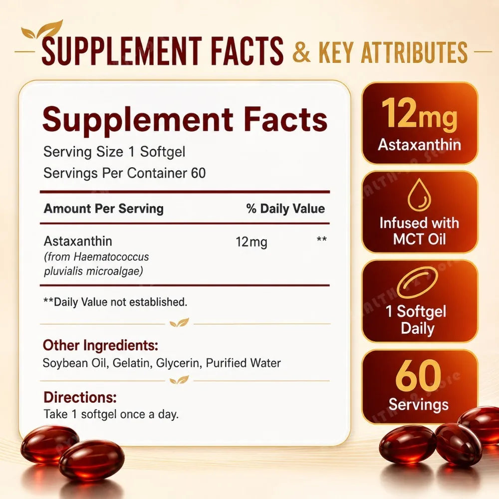 Astaxanthin 12mg Softgels – Antioxidant Dietary Supplement, 60 Softgels