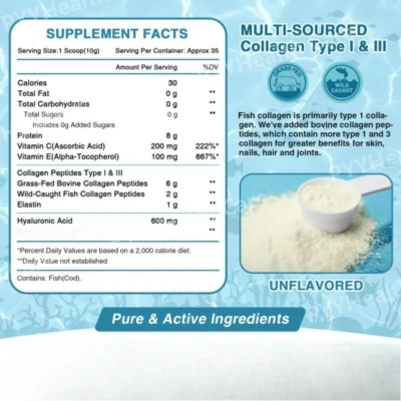 Marine Collagen Peptides Powder – Type I & III Collagen with Vitamin C, Hyaluronic Acid & Probiotics, Unflavoured, 350g