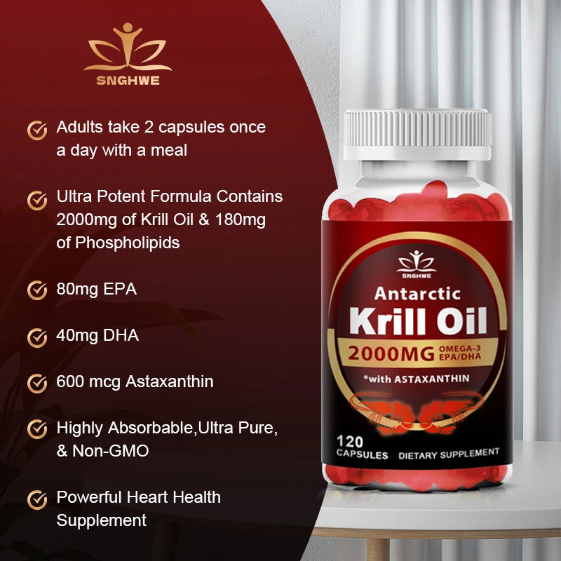 SNGHWE Krill Oil 2000mg Omega-3 Capsules – EPA, DHA & Astaxanthin for Heart, Brain & Joint Support