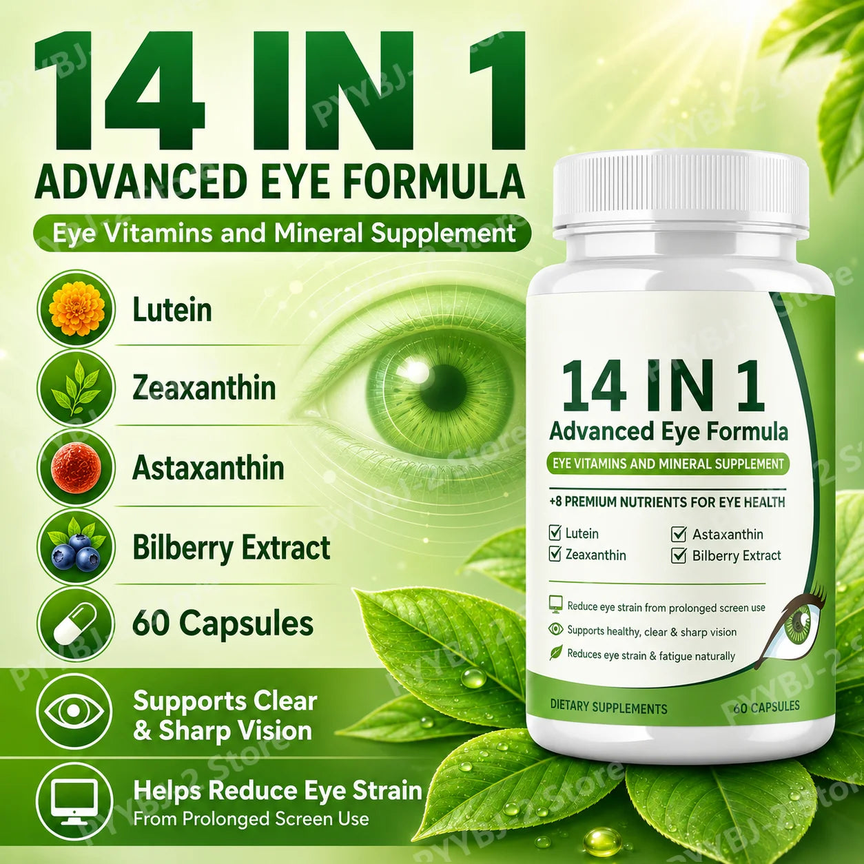 14-in-1 Eye Health Supplement Capsules – Astaxanthin, Lutein & Zeaxanthin for Daily Eye Wellness