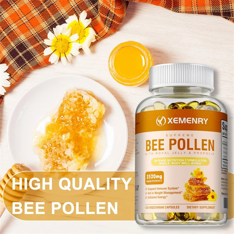 Bee Pollen Capsules with Royal Jelly & Propolis – Immune Support, Natural Energy & Antioxidant Supplement for Men & Women