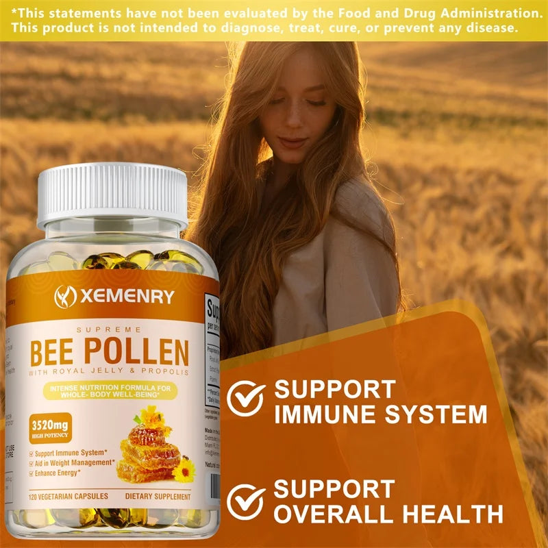 Bee Pollen Capsules with Royal Jelly & Propolis – Immune Support, Natural Energy & Antioxidant Supplement for Men & Women