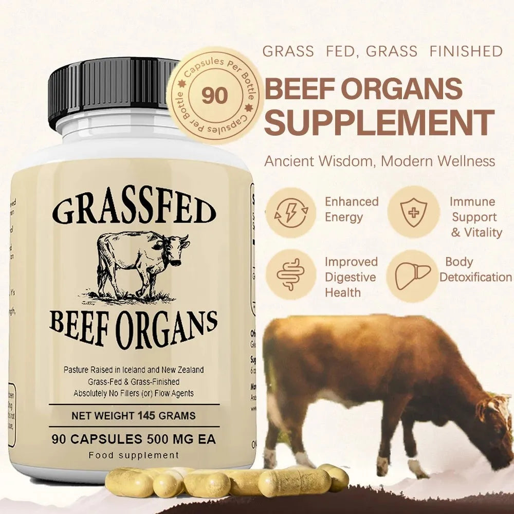 Grass Fed Beef Organ Capsules – Liver, Heart, Kidney & Spleen Supplement for Energy, Immune & Whole Body Wellness