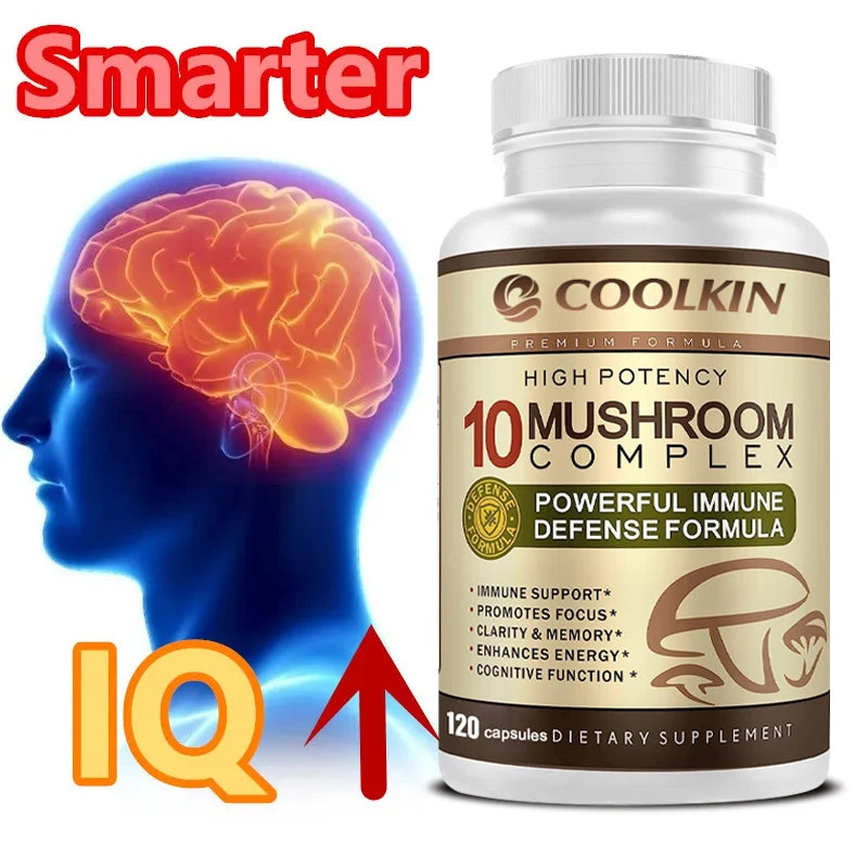 Coolkin 10-in-1 Mushroom Complex Capsules – Lion's Mane, Reishi & Adaptogenic Mushroom Blend for Brain, Memory & Immune Support