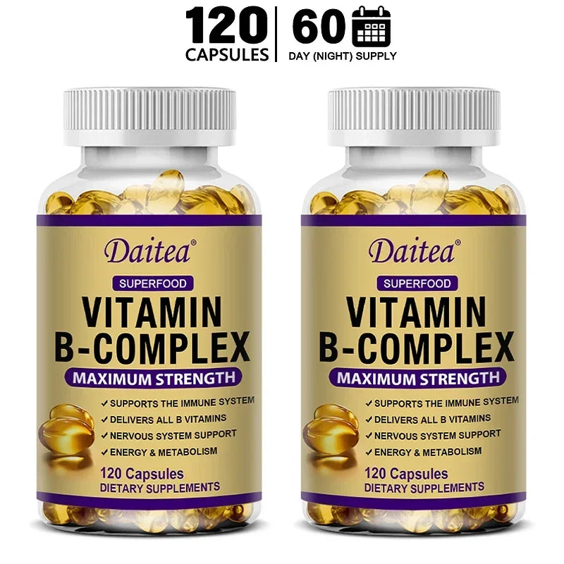 Vitamin B Complex Capsules with B12, B6 & Biotin – Energy Metabolism, Nervous System, Immune & Stress Support Supplement (30/60/120 Capsules)