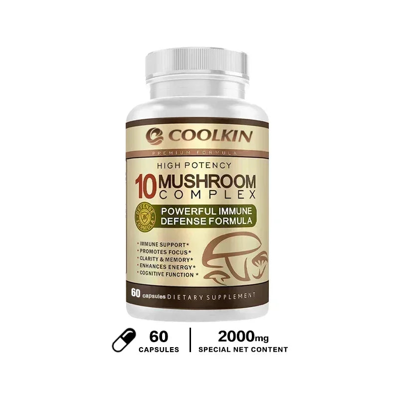 Coolkin 10-in-1 Mushroom Complex Capsules – Lion's Mane, Reishi & Adaptogenic Mushroom Blend for Brain, Memory & Immune Support