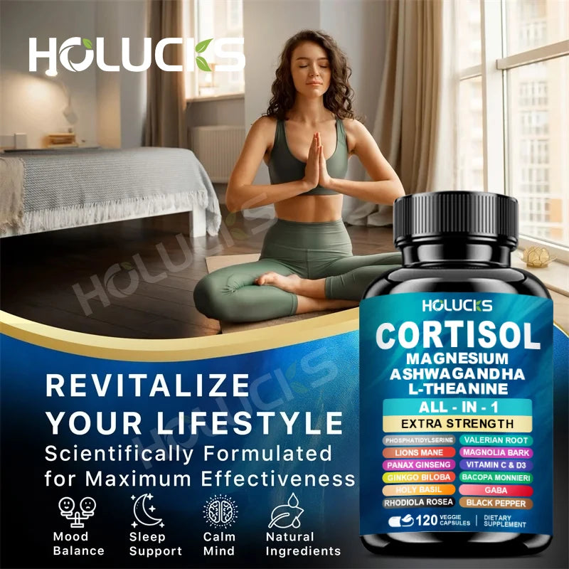 HOLUCKS Corti-Soothe Supplement with Ashwagandha, Magnesium & L-Theanine – Daily Stress & Relaxation Support
