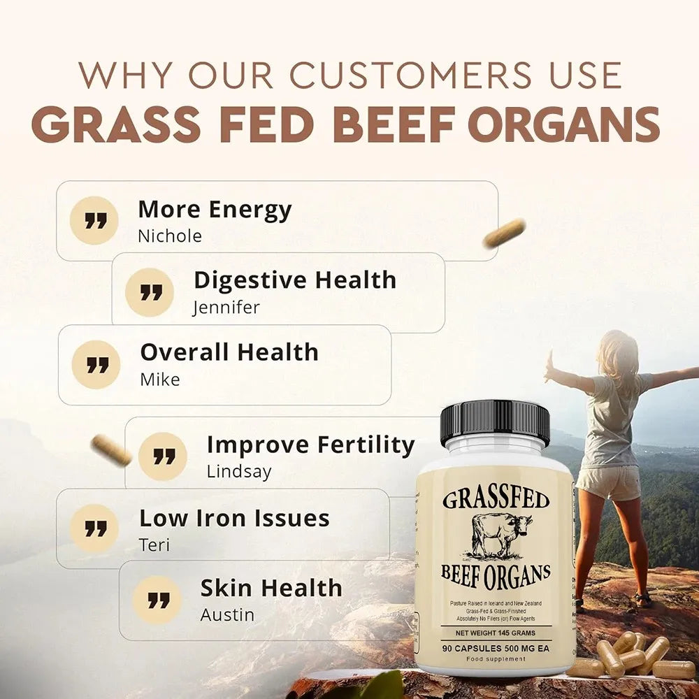 Grass Fed Beef Organ Capsules – Liver, Heart, Kidney & Spleen Supplement for Energy, Immune & Whole Body Wellness
