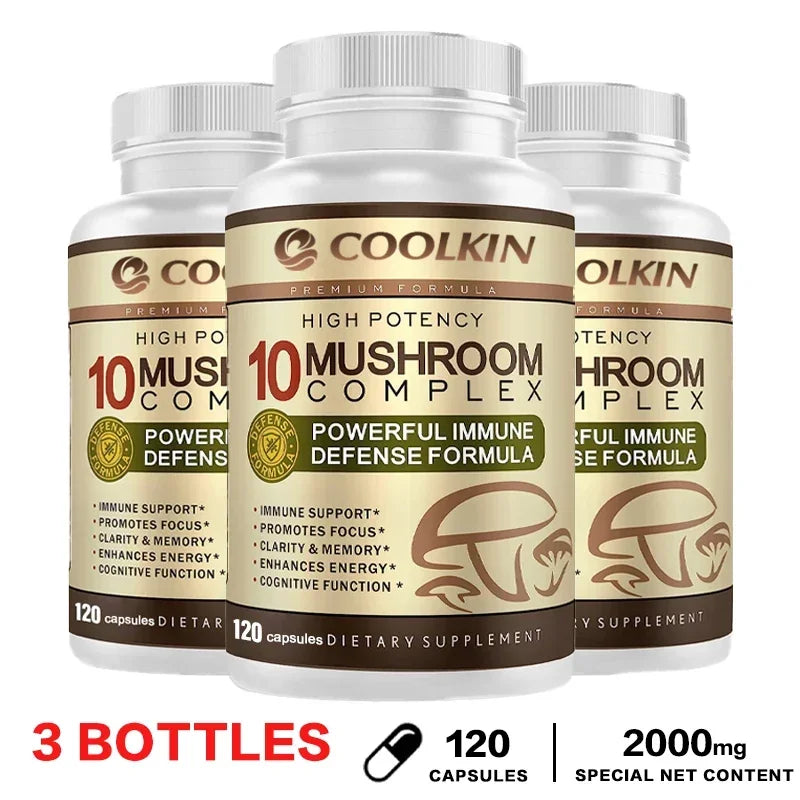 Coolkin 10-in-1 Mushroom Complex Capsules – Lion's Mane, Reishi & Adaptogenic Mushroom Blend for Brain, Memory & Immune Support