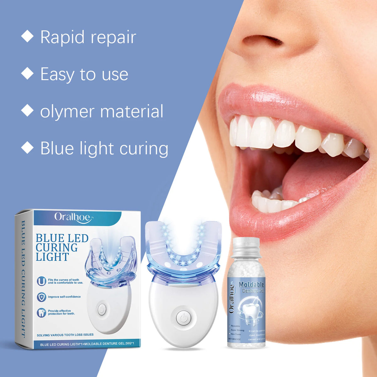 Portable Teeth Whitening & Dental Care Kit – Blue LED Light and Tooth Repair Accessories