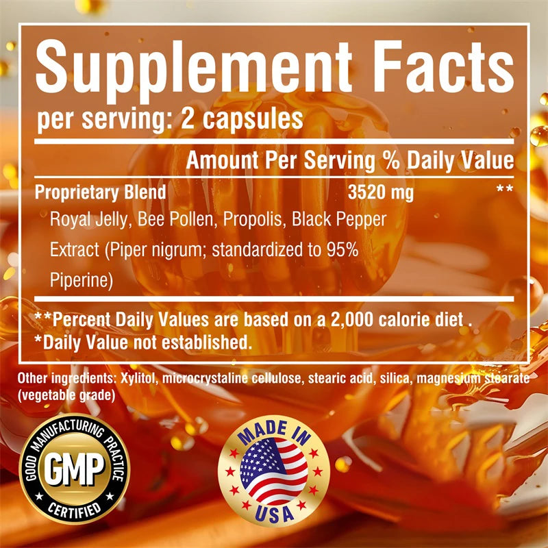 Bee Pollen Capsules with Royal Jelly & Propolis – Immune Support, Natural Energy & Antioxidant Supplement for Men & Women