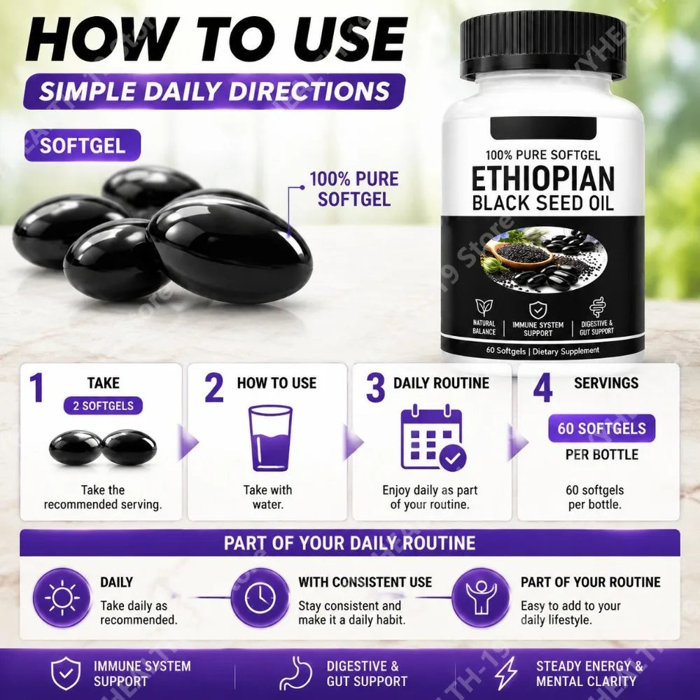 Ethiopian Black Seed Oil Softgels 800mg – 4.64% Thymoquinone, 60 Softgels
