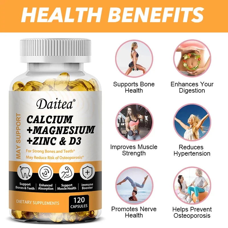 DAITEA Calcium Magnesium Zinc with Vitamin D3 Capsules – Daily Bone, Teeth & Immune Support