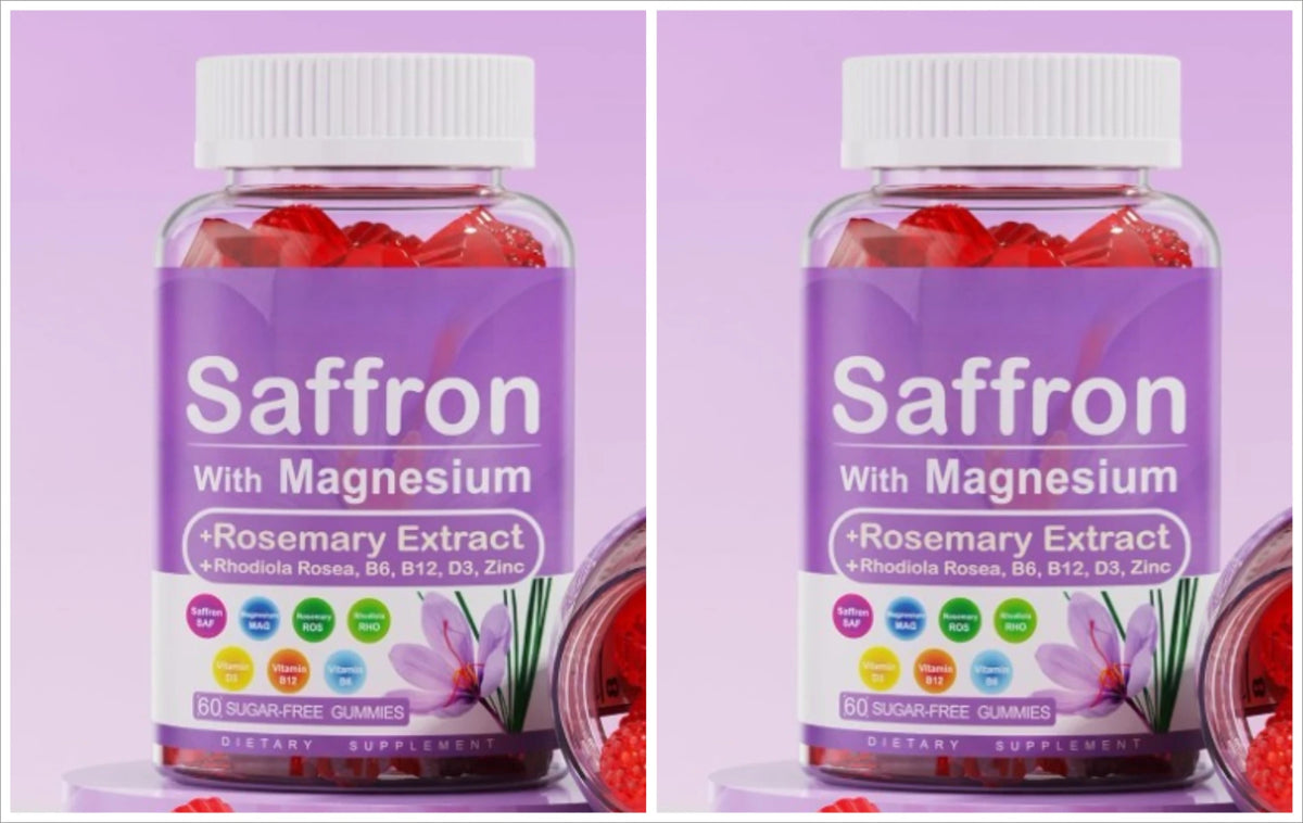 Saffron Gummies with Magnesium Glycinate, Vitamins B6, B12 & D3 – Sugar-Free Mood, Relaxation & Focus Support, 120 Gummies