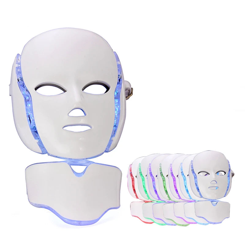 LED face and neck mask with multiple color options and Raiuleko branding.