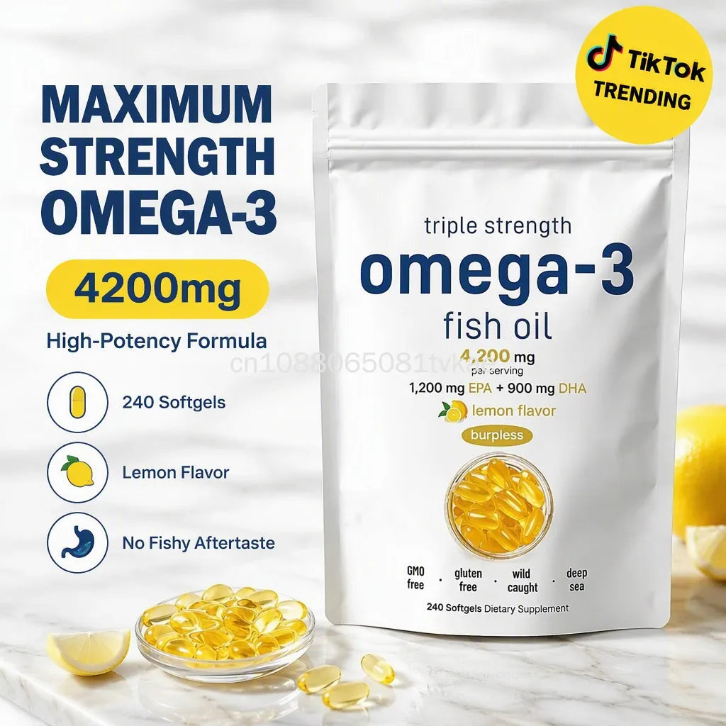 Omega-3 Fish Oil 4200mg Triple Strength – EPA 1200mg, DHA 900mg, Lemon Flavour, 240 Softgels