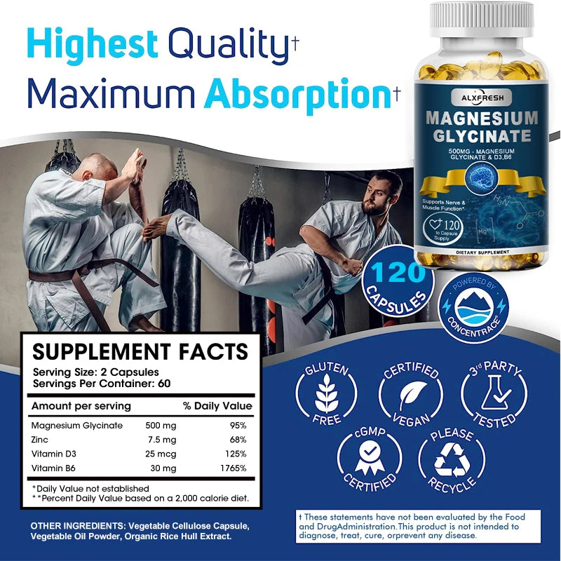 Magnesium Glycinate Supplement with Zinc, Vitamin D3 & Vitamin B6 – Muscle, Bone, Nervous System & Immune Support