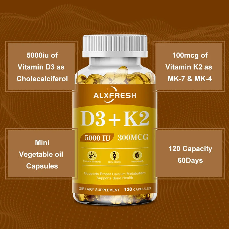 ALXFRESH Vitamin D3 + K2 Capsules – Bone, Calcium & Immune Support Supplement
