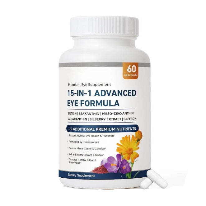 15-in-1 Eye Health Supplement – Lutein, Zeaxanthin, Bilberry Extract & Vitamins C and E, 60 Veggie Capsules