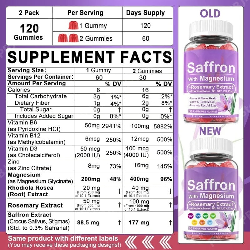 Saffron Gummies with Magnesium Glycinate, Vitamins B6, B12 & D3 – Sugar-Free Mood, Relaxation & Focus Support, 120 Gummies