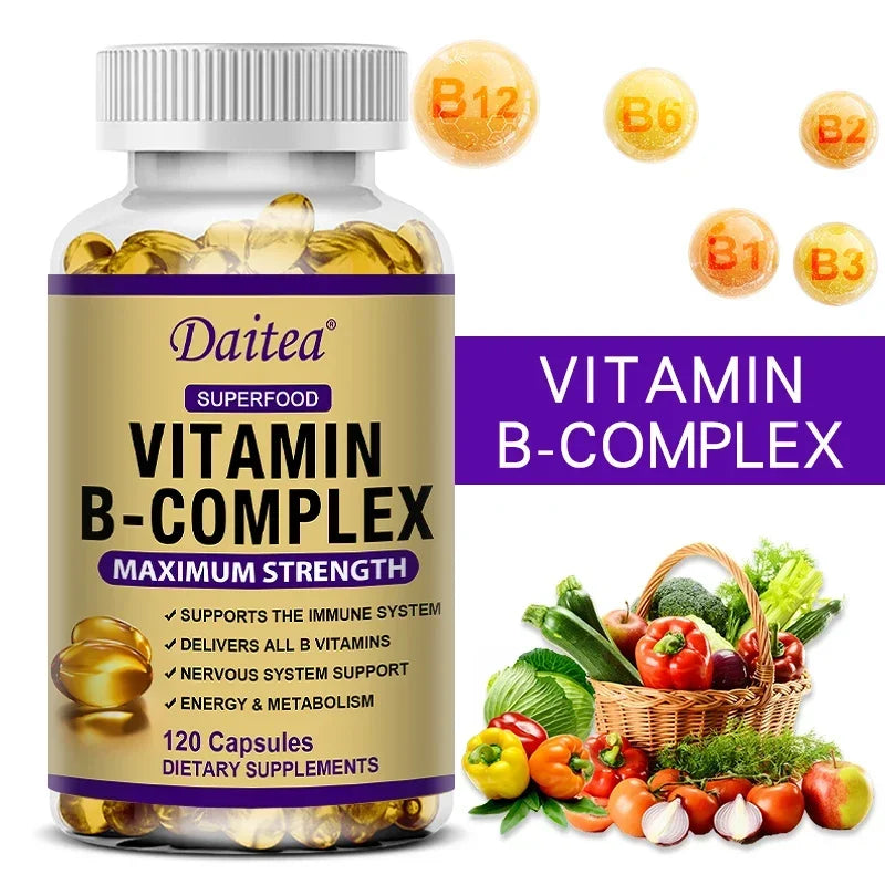 Vitamin B Complex Capsules with B12, B6 & Biotin – Energy Metabolism, Nervous System, Immune & Stress Support Supplement (30/60/120 Capsules)