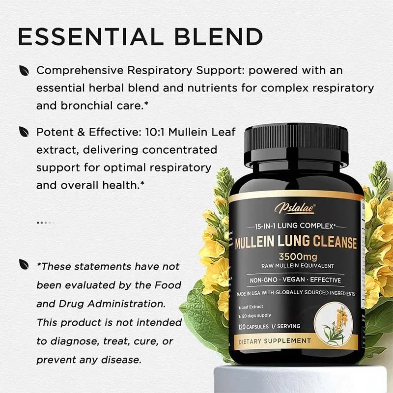 PSLALAE Mullein Lung Support Capsules with NAC & Turmeric 3500mg – Respiratory Health, Immune Support & Daily Lung Wellness Supplement (30/60/120 Capsules)