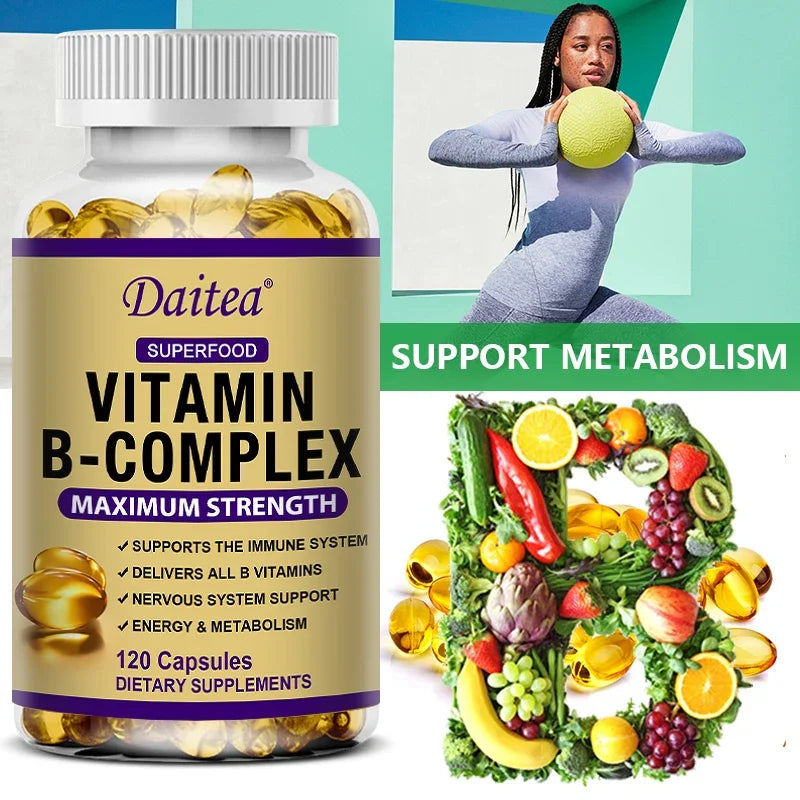 Vitamin B Complex Capsules with B12, B6 & Biotin – Energy Metabolism, Nervous System, Immune & Stress Support Supplement (30/60/120 Capsules)