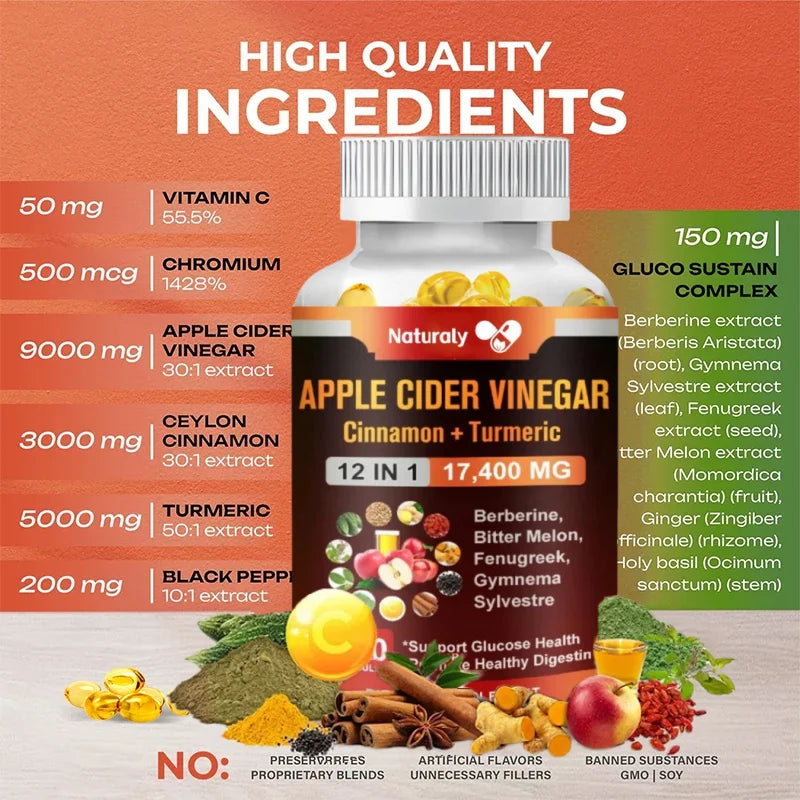 Apple Cider Vinegar Capsules 17,400mg – 12-in-1 Digestive, Immune & Metabolism Support