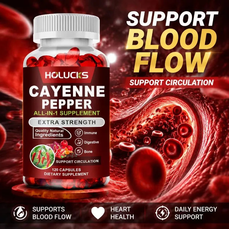 Cayenne Pepper Capsules with Vitamin D3 & K2 – Metabolism, Digestive, Circulation, Bone & Joint Support Supplement (60/120 Capsules)
