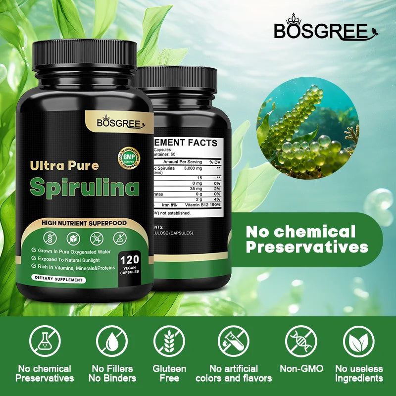 BOSGREE Organic Spirulina Capsules – Daily Superfood Supplement for Immune, Heart & Detox Support