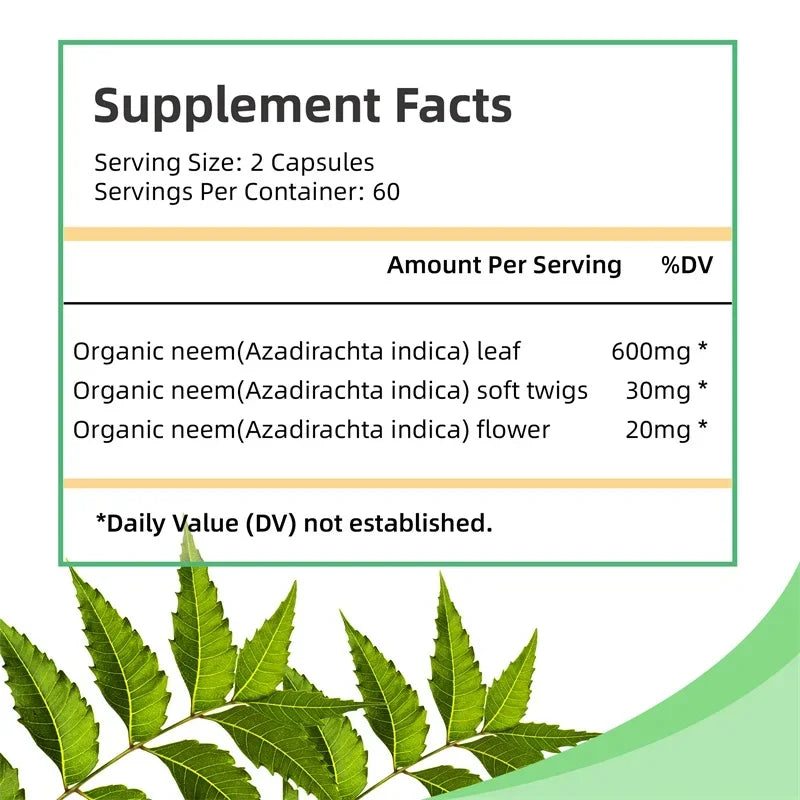 Neem Leaf Capsules – Organic Antioxidant, Immune, Skin & Digestive Health Support