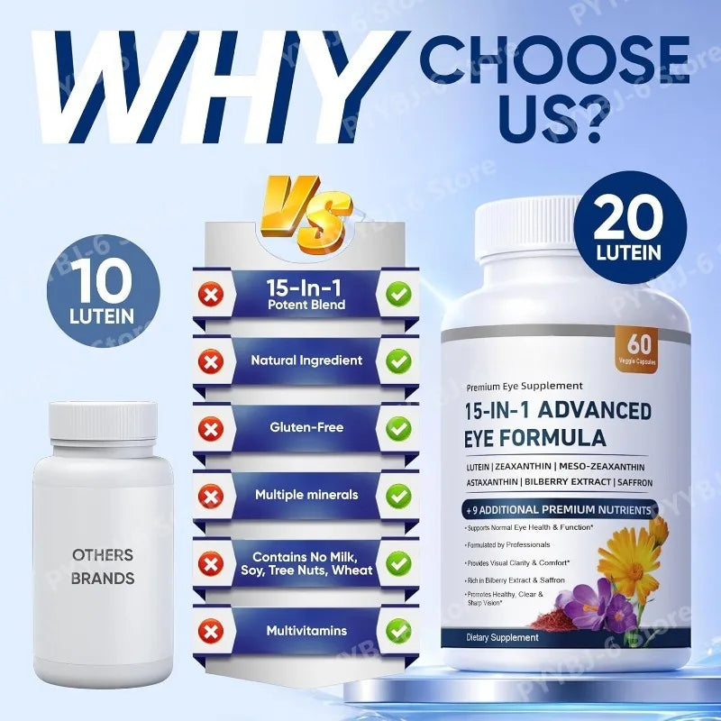 15-in-1 Eye Health Supplement – Lutein, Zeaxanthin, Bilberry Extract & Vitamins C and E, 60 Veggie Capsules