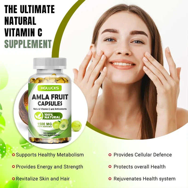 HOLUCKS Organic Amla Fruit 1500mg Capsules – Daily Vitamin C Supplement for Immune, Skin & Hair Support