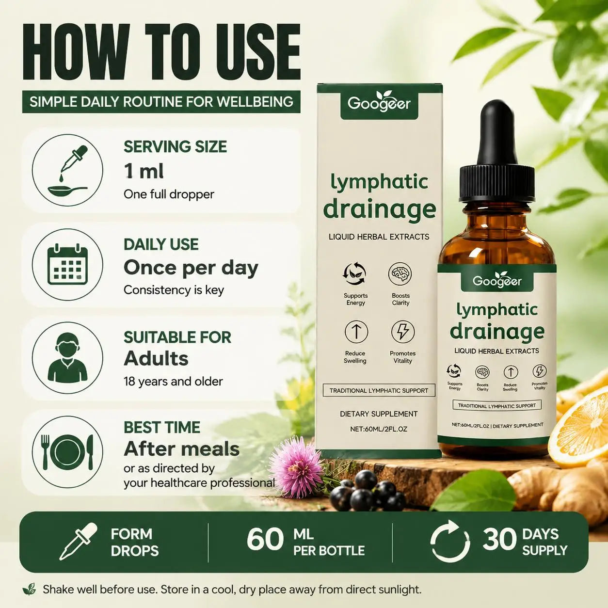 Googeer Lymphatic Drainage Herbal Drops 60ml – Herbal Daily Wellness Supplement with Uncaria & Red Clover