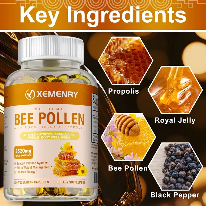 Bee Pollen Capsules with Royal Jelly & Propolis – Immune Support, Natural Energy & Antioxidant Supplement for Men & Women